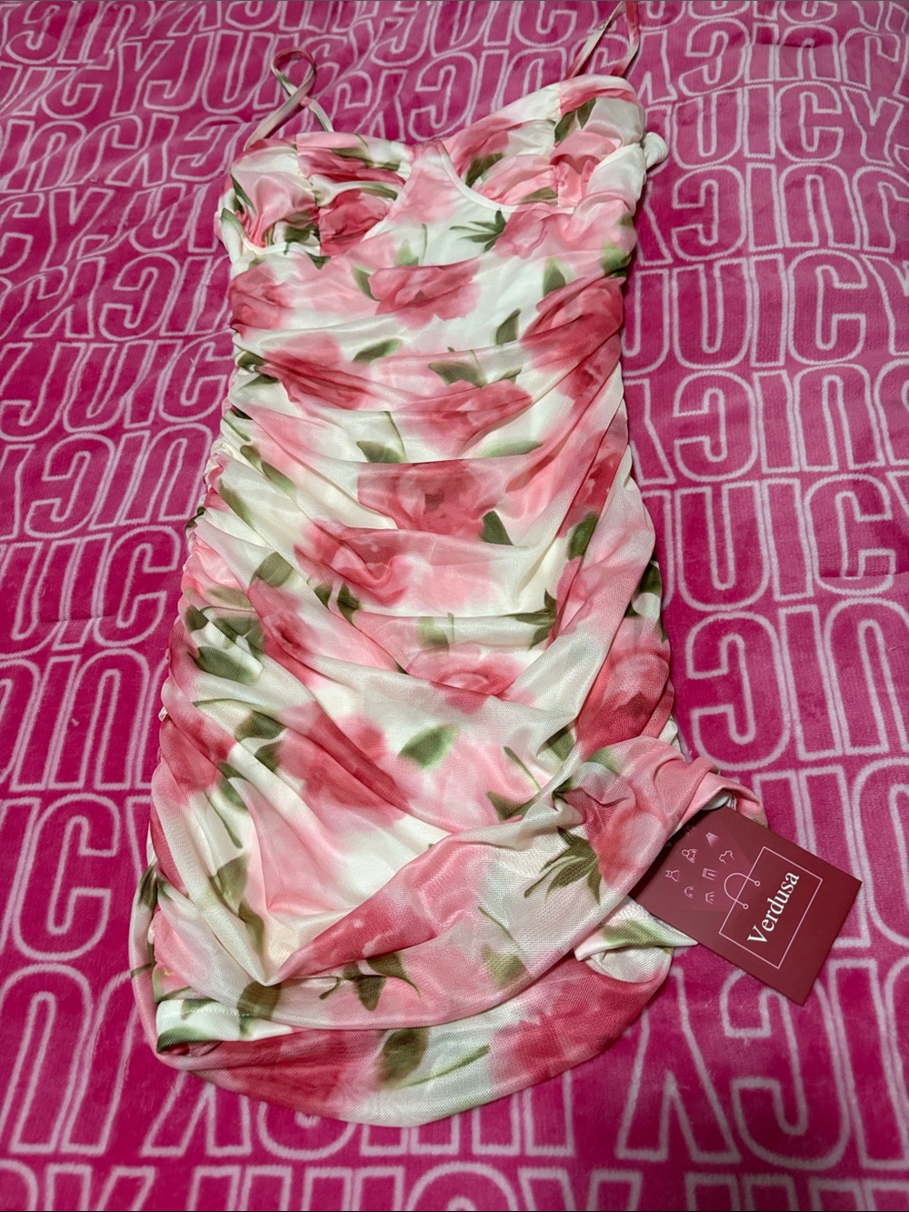Verdusa Pink Floral Ruched Spaghetti-Strap Mini Dress